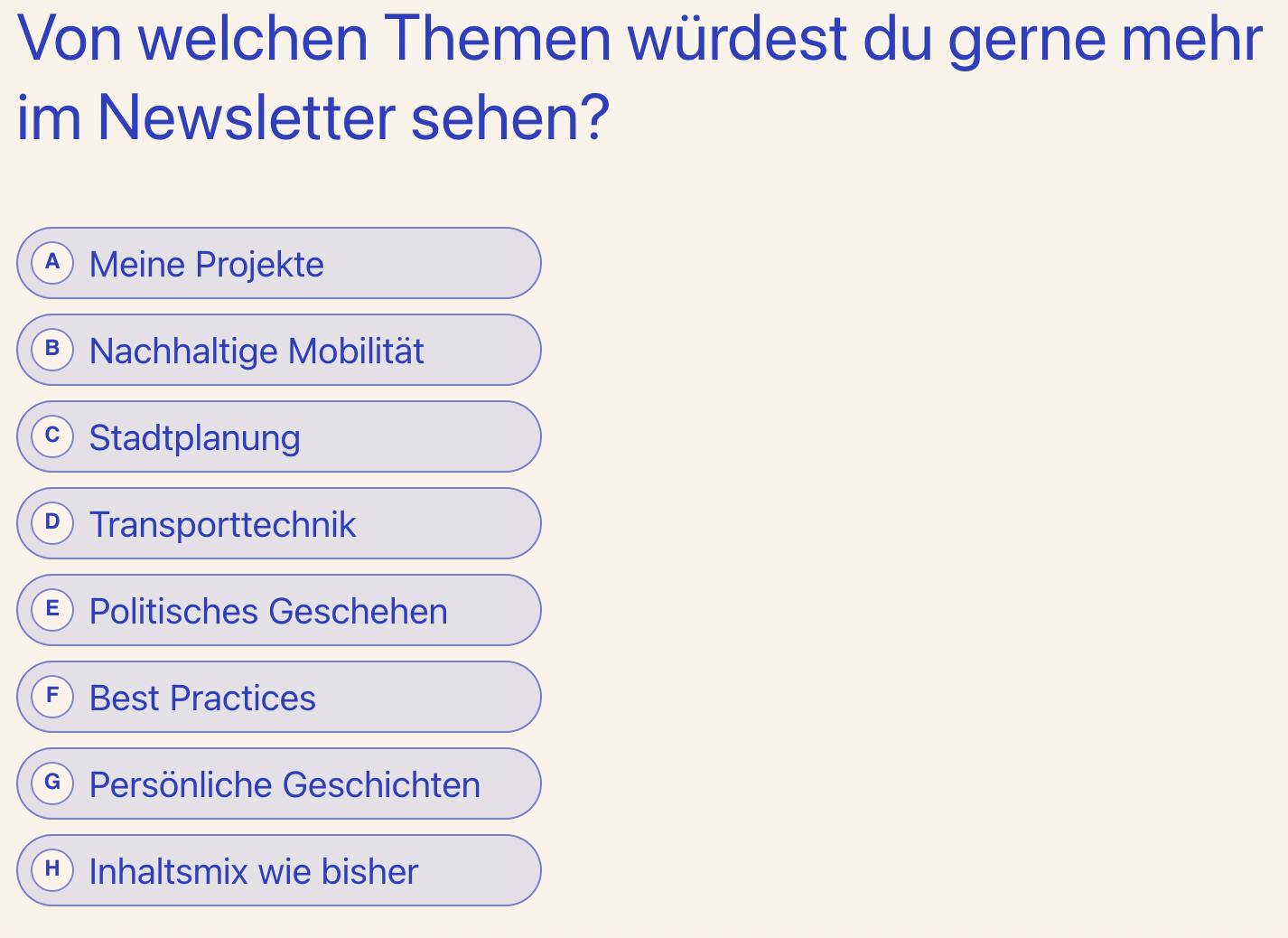 Screenshot von Frage 2: Von welchen Themen würdest du gern mehr im Newsletter sehen?