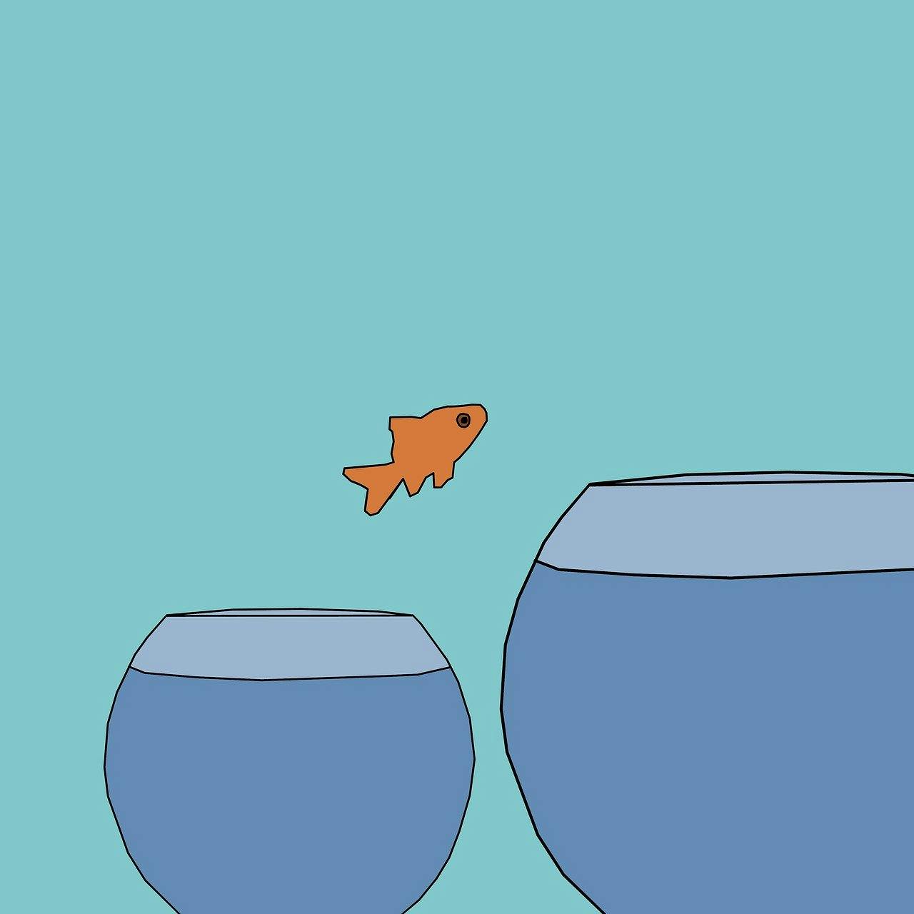Illu von nem orangen Fisch, der aus einem kleinem Glas hoch in ein etwas größeres springt.