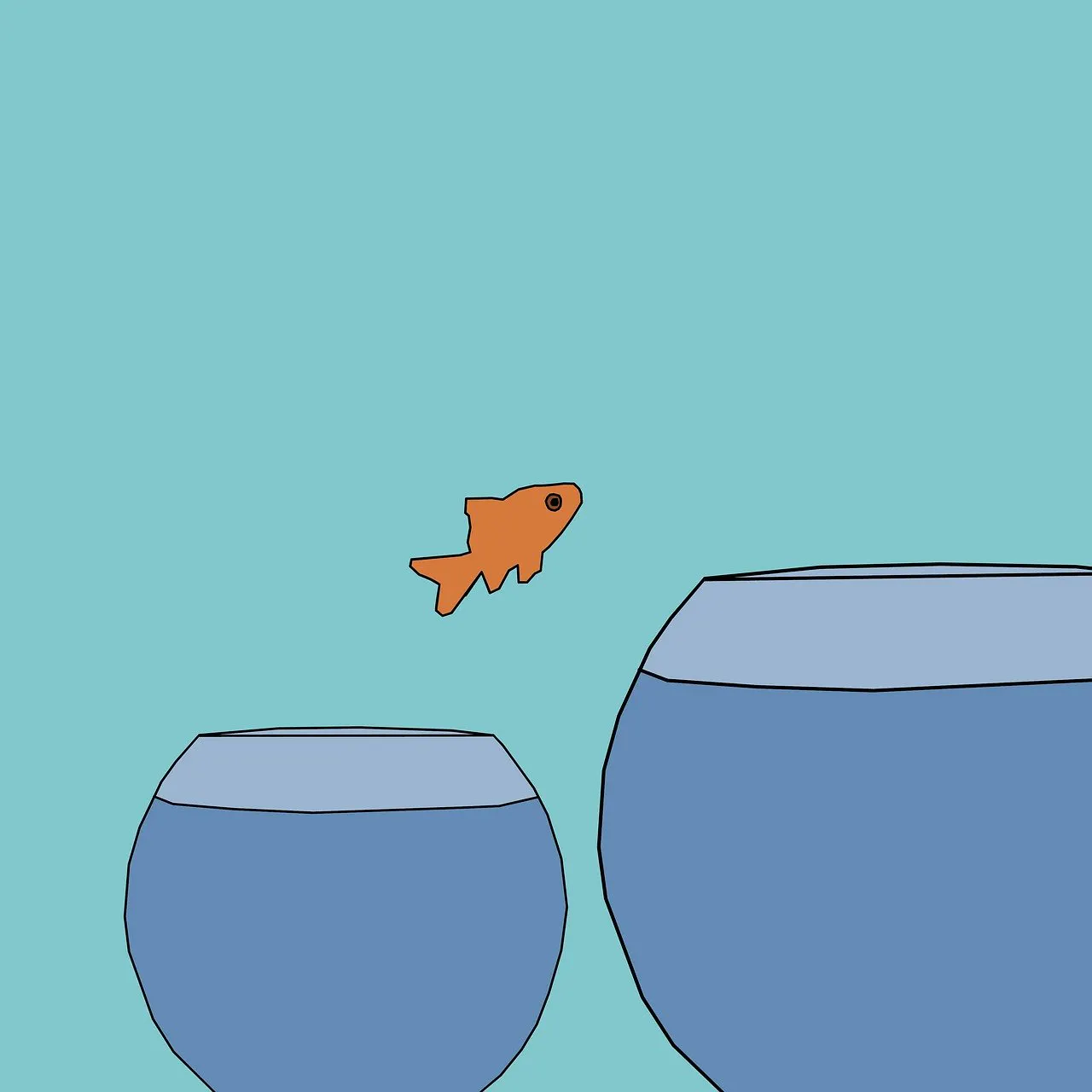 Illu von nem orangen Fisch, der aus einem kleinem Glas hoch in ein etwas größeres springt.
