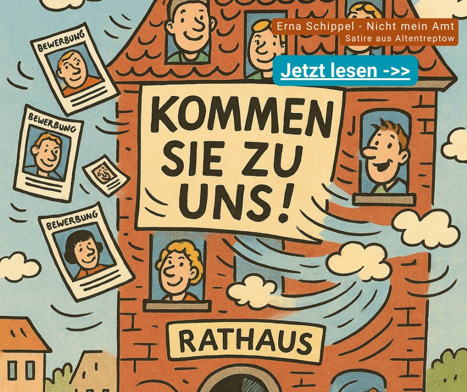 Comic-Illustration eines roten Backstein-Rathauses im Erna-Schippel-Stil. Aus den Fenstern schauen fröhliche Gesichter, während Bewerbungsfotos durch die Luft über den Marktplatz fliegen. Ein großes Banner am Rathaus ruft: „KOMMEN SIE ZU UNS!“. Vor dem Gebäude laufen Menschen hinein und hinaus, während ein kräftiger Wind sie teilweise aus dem Rathaus pustet. Daneben steht ein kleines Schild mit „WWW“, das auf die Website hinweist. Die Szene wirkt humorvoll, lebendig und satirisch.