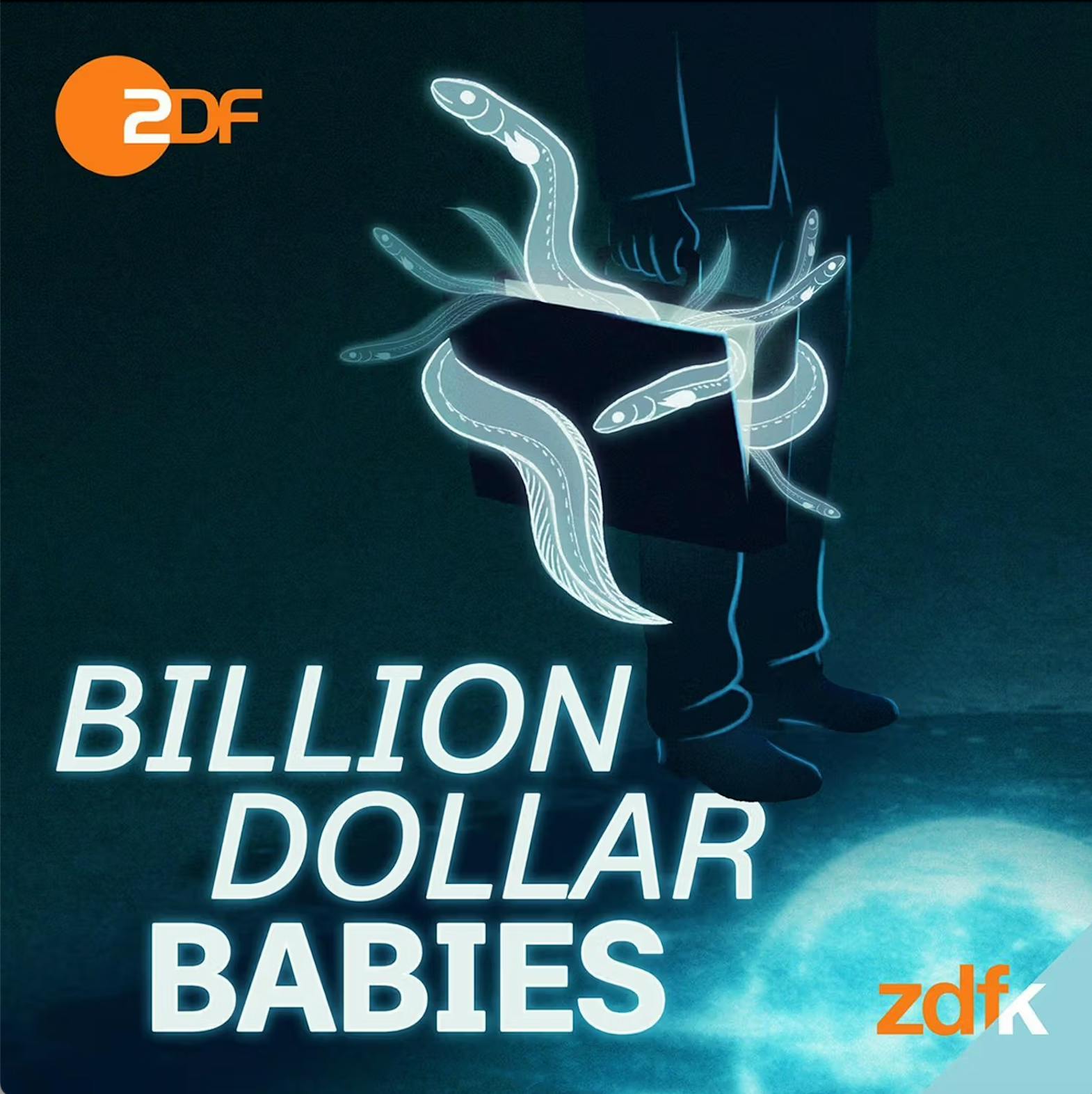 Cover „Billion Dollar Babies“: eine Person in dunkler Kleidung trägt einen Koffer, aus dem halb durchsichtige, leuchtende Aale heraus kommen.