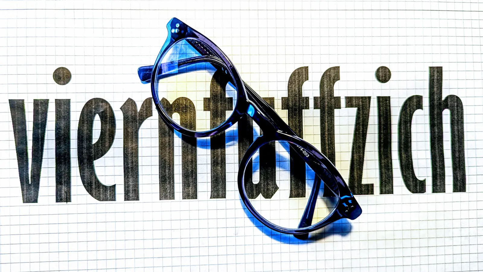 Auf einem karierten Papier steht aufgedruckt: viernfuffzich. Meine Brille liegt quer darüber.