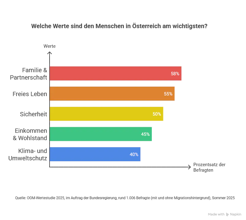 Dieses Bild zeigt in einem Balkendiagramm, welche Werte den Österreicher:innen besonders wichtig sind. An erster Stelle steht die Familie mit 58 %, dann kommt der Wunsch nach einem freien Leben mit 55 %, gefolgt von Sicherheit mit 50 %, Einkommen mit 45 % und Umweltschutz mit 40 %.