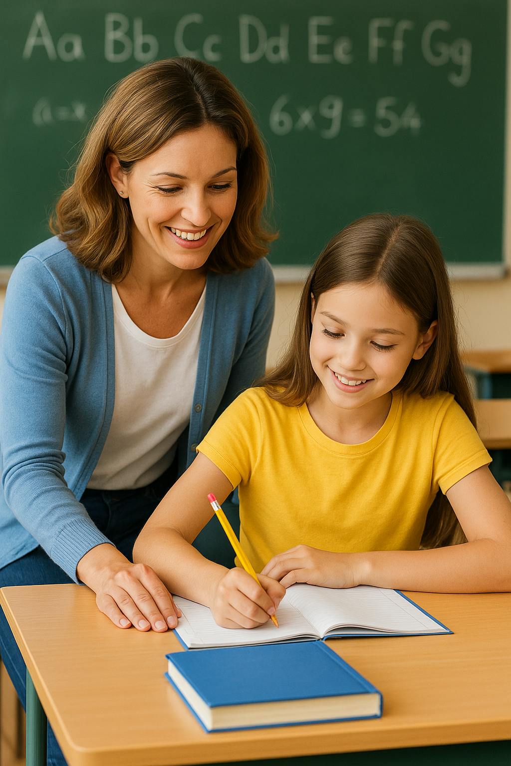 Dsa Bild zeigt eine Lehrerin neben einer Schülerin im Klassenzimmer. Beide schauen gemeinsam in ein aufgeschlagenes Schulbuch. Im Hintergrund ist eine Tafel zu sehen.