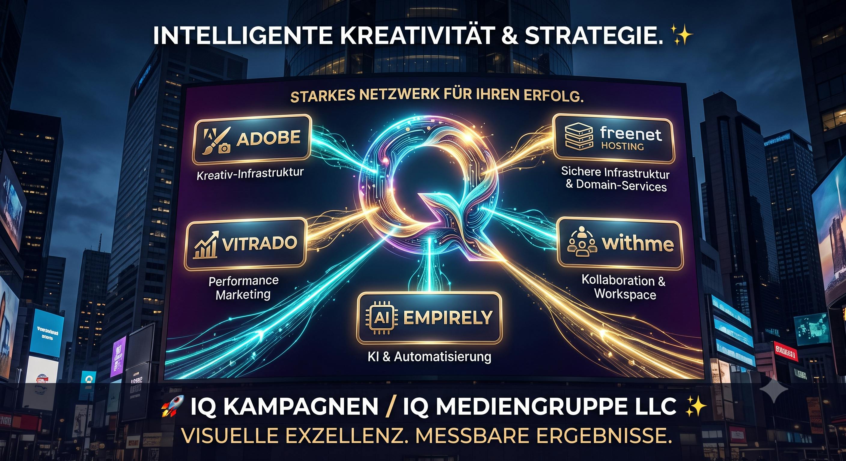 Eine großformatige, nächtliche digitale Werbetafel in einem belebten Stadtzentrum zeigt eine Infografik für "IQ Kampagnen / IQ Mediengruppe LLC" mit dem Titel "INTELLIGENTE KREATIVITÄT & STRATEGIE.". Ein leuchtendes, stilisiertes "Q" in der Mitte verbindet sich über Lichtlinien mit fünf Partnerlogos in Feldern: Oben links "ADOBE" (Kreativ-Infrastruktur), oben rechts "freenet HOSTING" (Sichere Infrastruktur & Domain-Services), Mitte links "VITRADO" (Performance Marketing), Mitte rechts "withme" (Kollaboration & Workspace) und unten Mitte "AI EMPIRELY" (KI & Automatisierung). Darunter steht "STARKES NETZWERK FÜR IHREN ERFOLG.". Ein Banner am unteren Rand enthält einen Raketen- und einen Funkel-Emoji, den Firmennamen und "VISUELLE EXZELLENZ. MESSBARE ERGEBNISSE.".