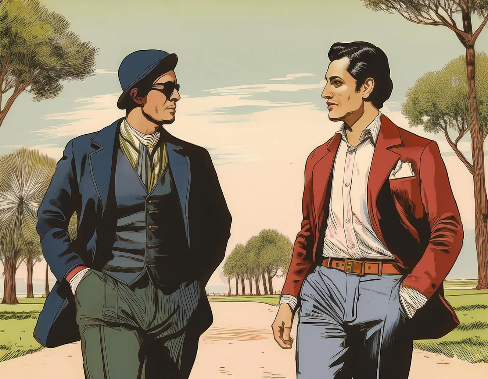 Illustration: Zwei Männer spazieren im Park und unterhalten sich. Im Vintage-Stil