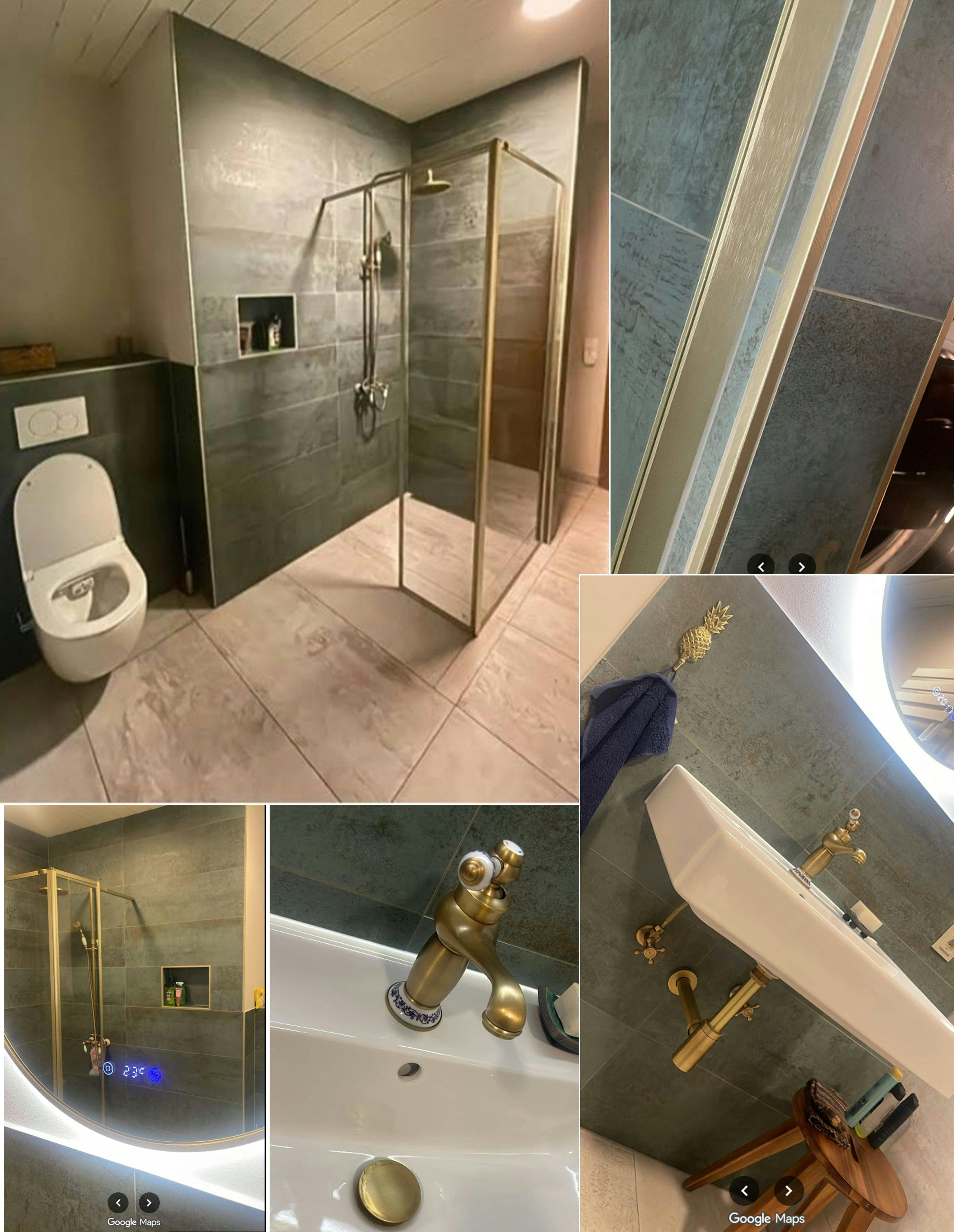 Foto-Collage neues Badezimmer mit begehbarer Dusche und diversen neuen Einbauten wie Waschbecken etc.; Fliesenboden großformatiges Feinsteinzeug, rutschfest, Farbe natur-beige; Wandfliesen Material Steingut glasiert in Farbe grün-metallic; 
Grafik ist verlinkt zur original Google-Rezension