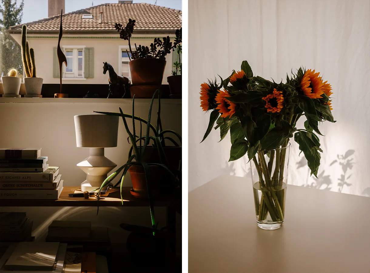 Herbstlicht in unserem Wohnzimmer, die Sonne reflektiert auf den Objekten. Sonnenblumen vor einer weissen Gardine.