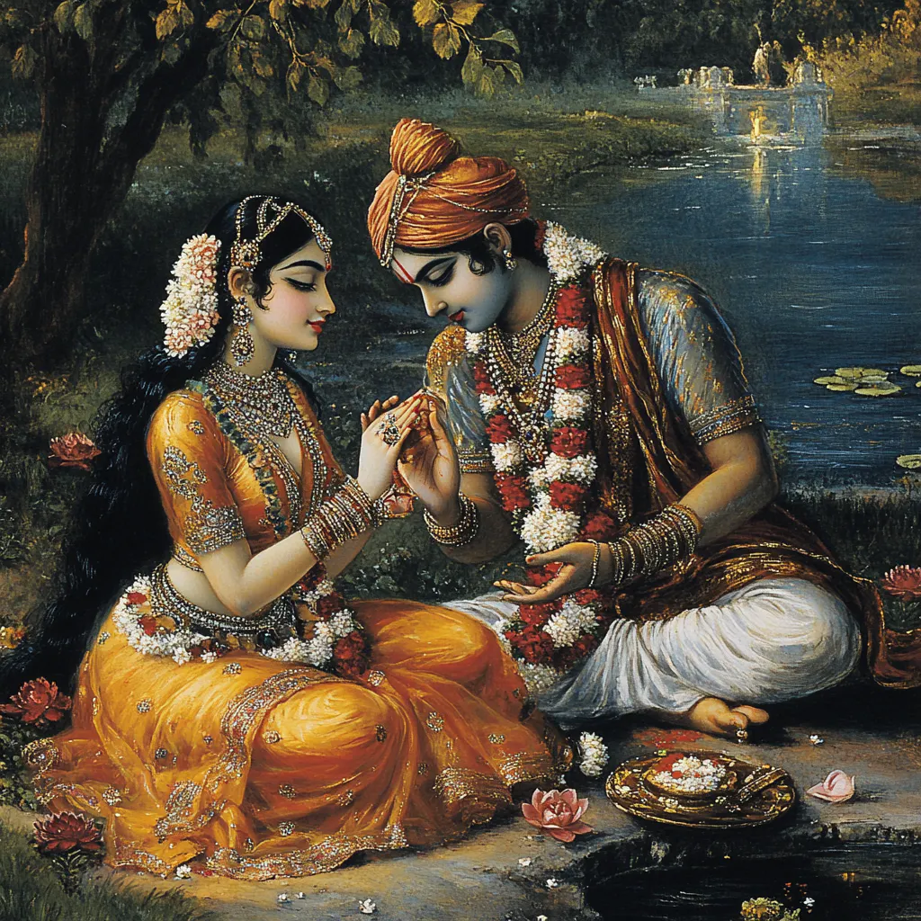 Radha and Krishna in the nikunj. Krishna is holding Radha's hand and watching her fingerring.