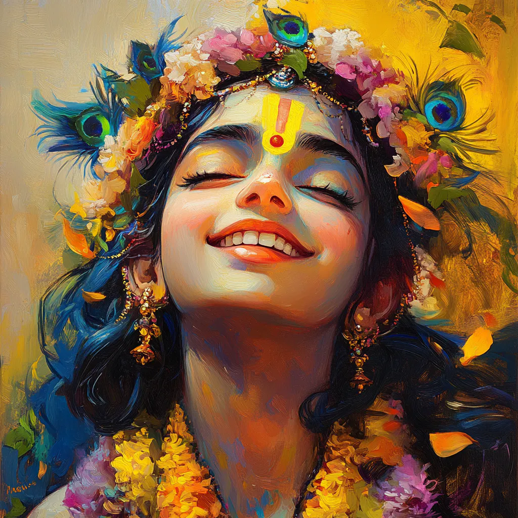 Krishna smiling in outmost delight.