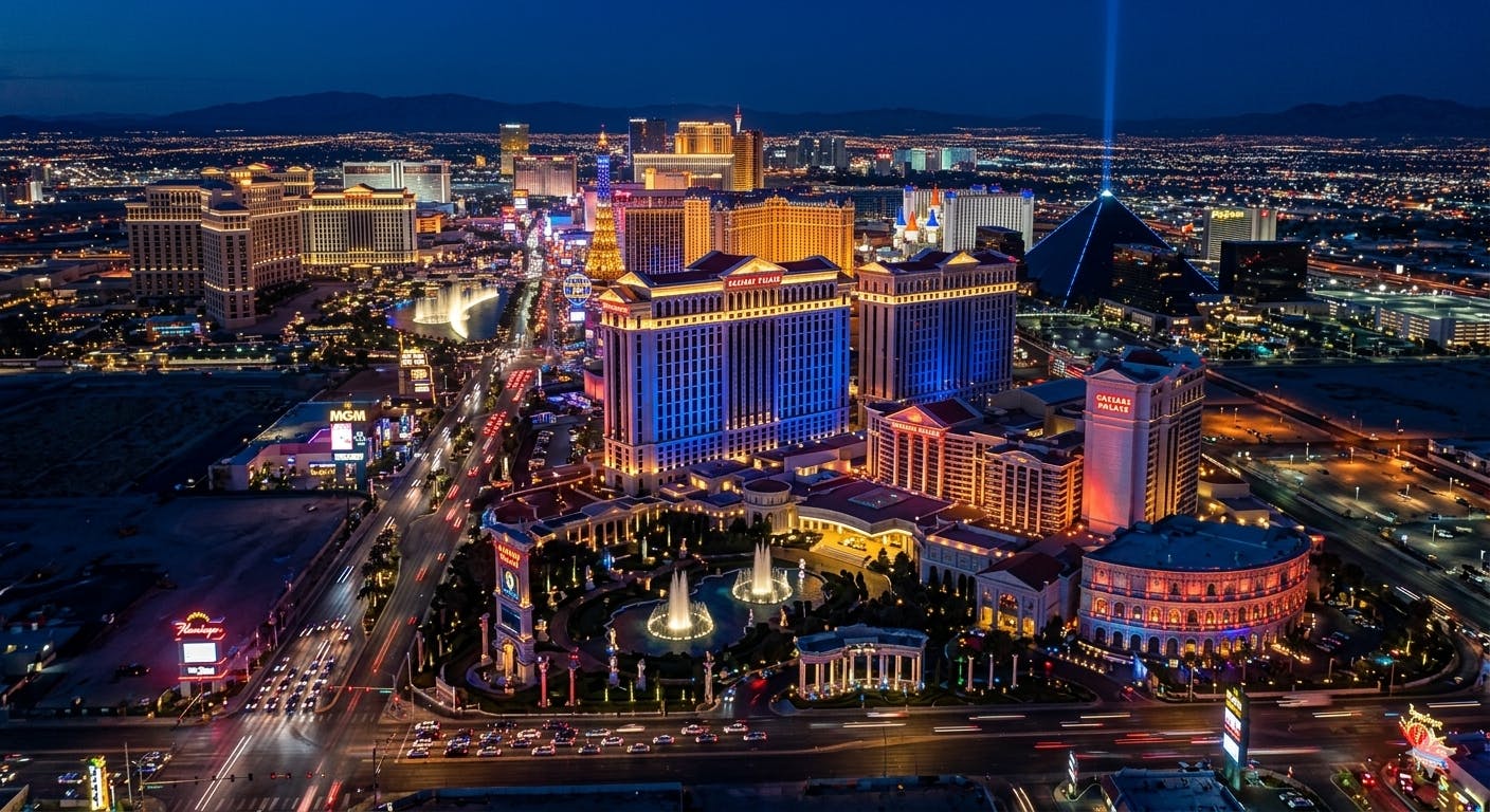 Caesars Palace and the Las Vegas Strip glowing with neon lights