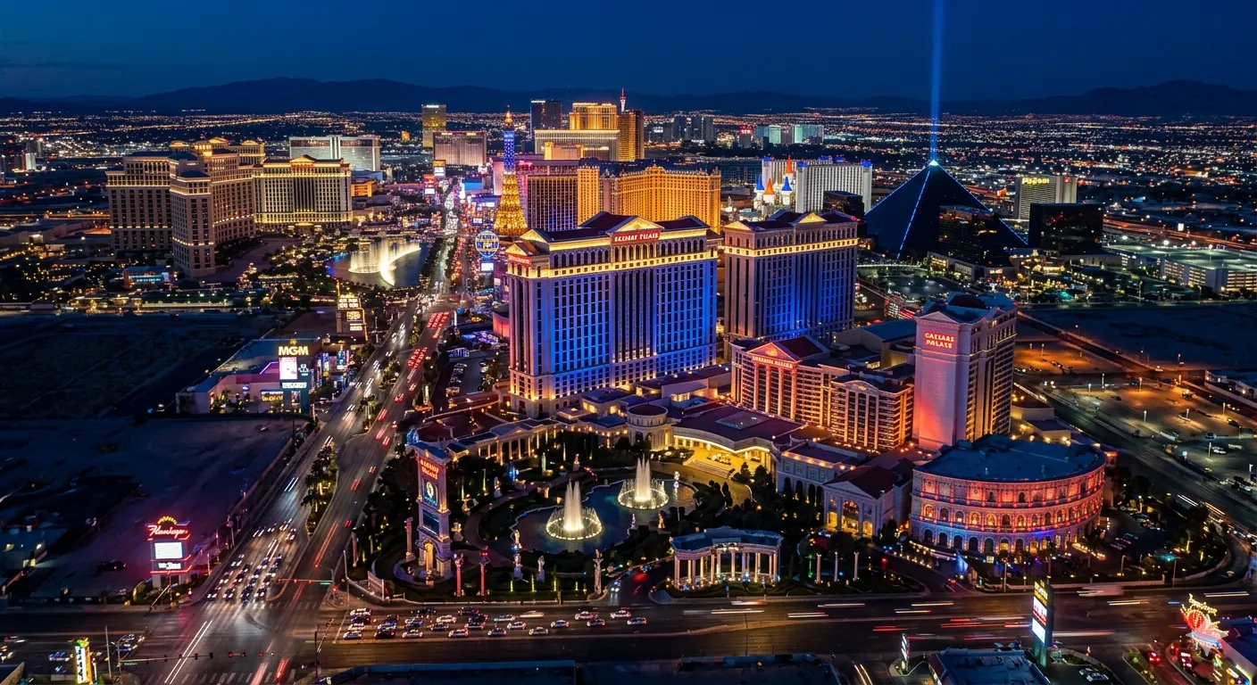 Caesars Palace and the Las Vegas Strip glowing with neon lights