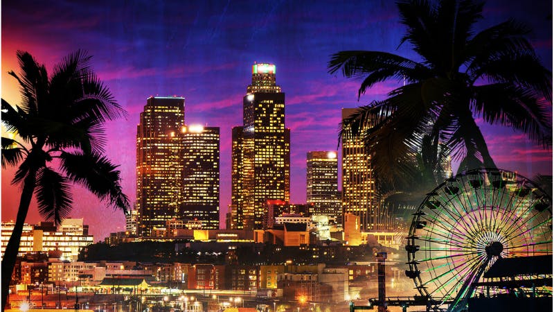 Ausschnitt aus dem Cover von "Kein Grab so tief". Zu sehen ist das nächtliche Los Angeles mit Palmen, Wolkenkratern und einem Riesenrad.
