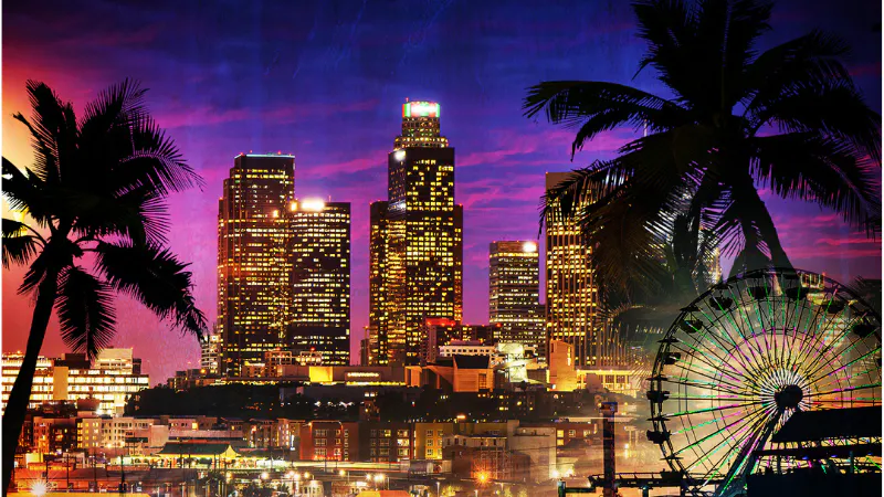 Ausschnitt aus dem Cover von "Kein Grab so tief". Zu sehen ist das nächtliche Los Angeles mit Palmen, Wolkenkratern und einem Riesenrad.
