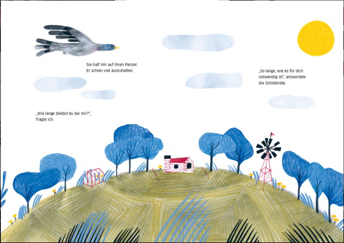 Aus: Komm, ich trag dich ein Stück, sagte die Schildkröte // © Lena Raubaum (Text), Leonie Schlager (Illustration) / 2025 Verlagsanstalt Tyrolia Ges. m.b. H.