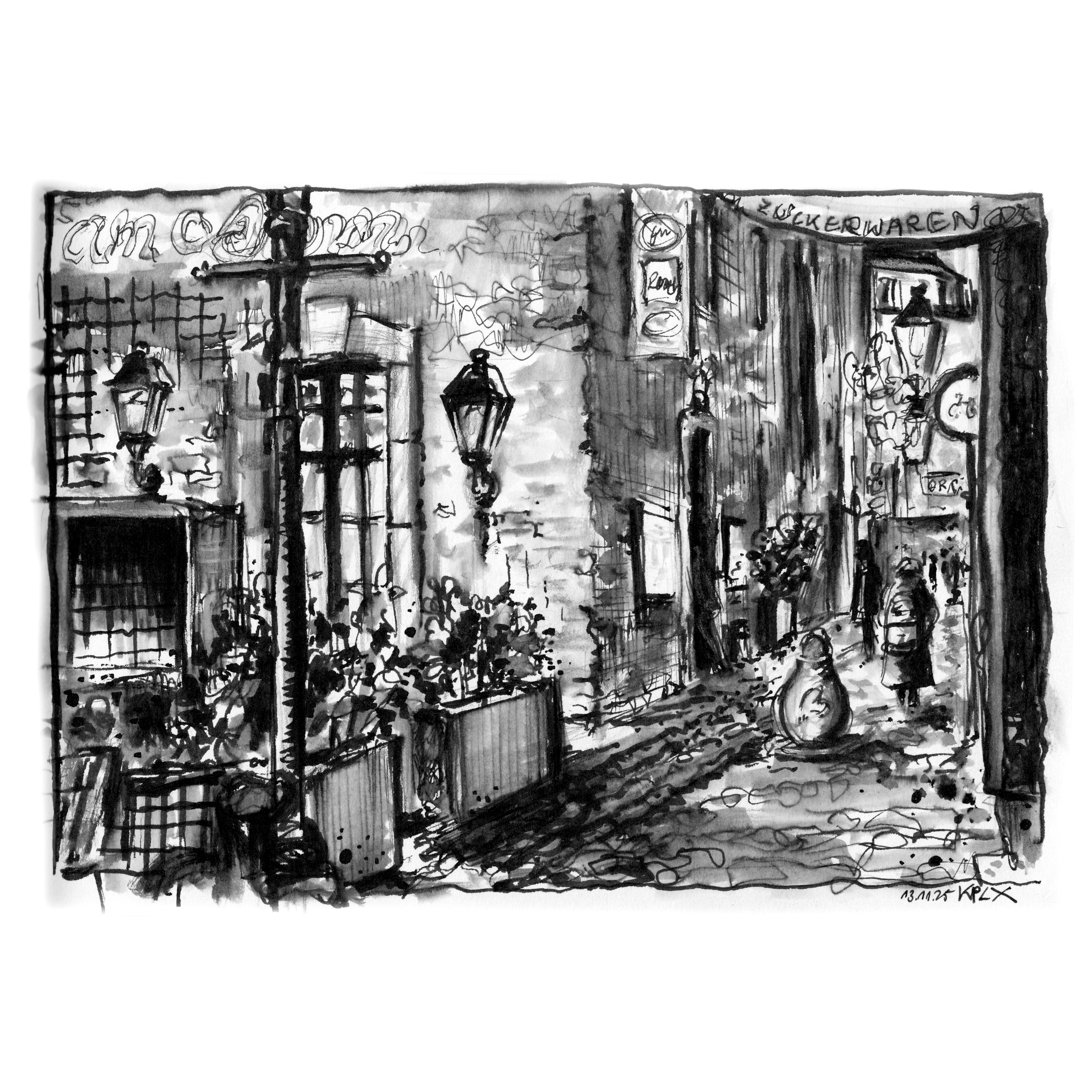 Urban Sketch / Zeichnung im A5 Sketchbook: Aachen am Domlädchen/Münsterplatz 13.11.25