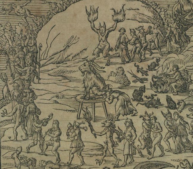 Hexenzusammenkunft auf dem Blocksberg (Ausschnitt). In der Bildmitte eine Hexe, die dem Bock (Teufel) zum Zeichen der Unterwürfigkeit den Hintern küsst