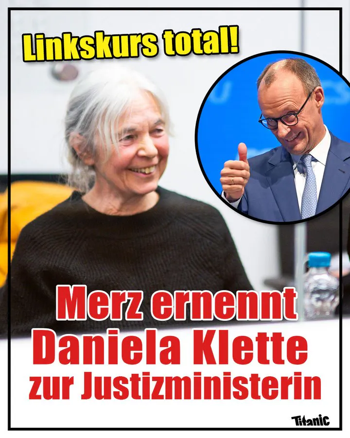 Daniela Klette grinst breit, neben ihr ist ein kleines Bild von einem ebenfalls grinsenden Friedrich Merz zu sehen, der den Daumen hebt. Dazu der Text: »Linkskurs total! Merz ernennt Daniela Klette zur Justizministerin«.