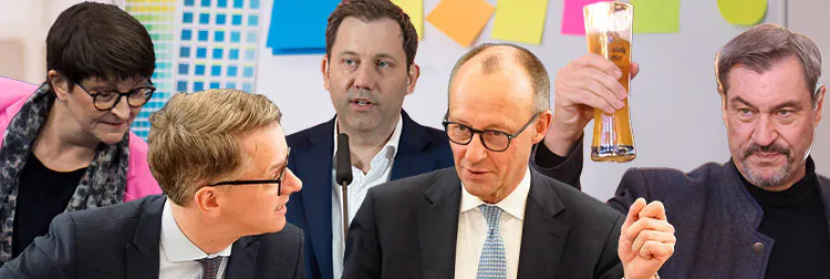 In einer Reihen von links nach rechts:
Saskia Esken, Carsten Linnemann, Lars Klingbeil, Friedrich Merz, Markus Söder, der Weizenbier in die Luft hebt