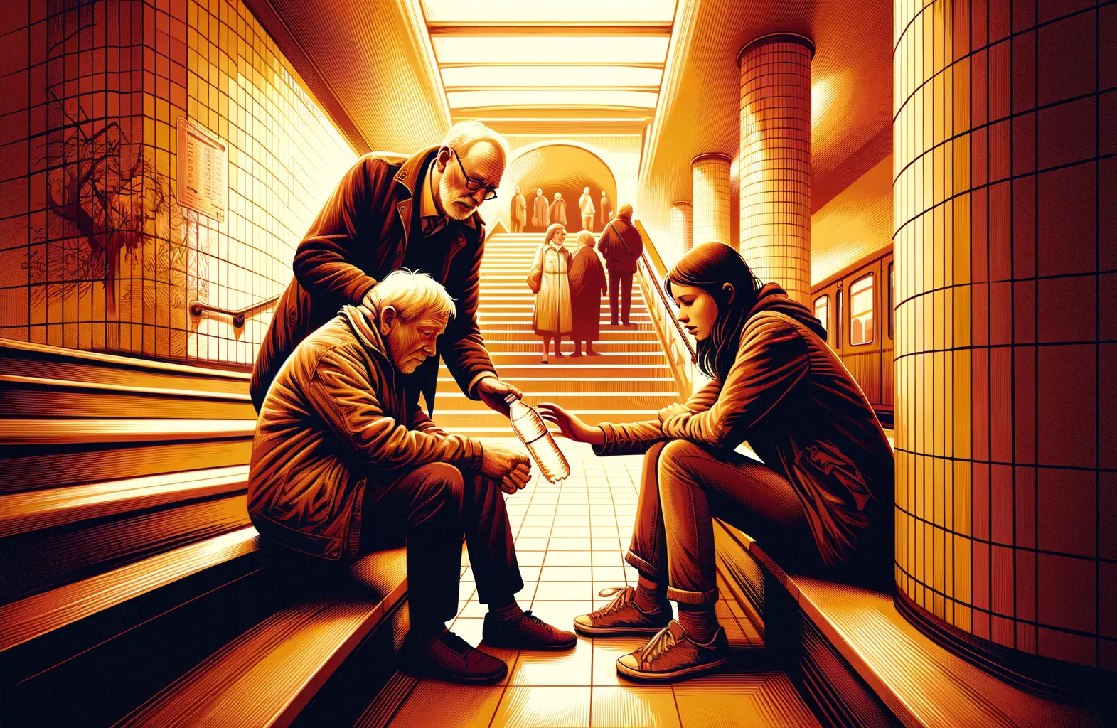 Stilisierte Illustration einer Szene in einer Berliner U-Bahn-Station. Zwei Personen helfen einer jungen Frau, die unter einer Treppe sitzt und offensichtlich Unbehagen zeigt. Ein älterer Herr reicht ihr eine Wasserflasche, während er besorgt zu ihr hinunterschaut. Die Station ist in warmen Farbtönen gehalten, mit sanftem Licht und einer Architektur, die charakteristisch für Berliner U-Bahnhöfe ist. Personen im Hintergrund steigen Treppen hinauf und hinab, was auf die Betriebsamkeit der Station hinweist.
