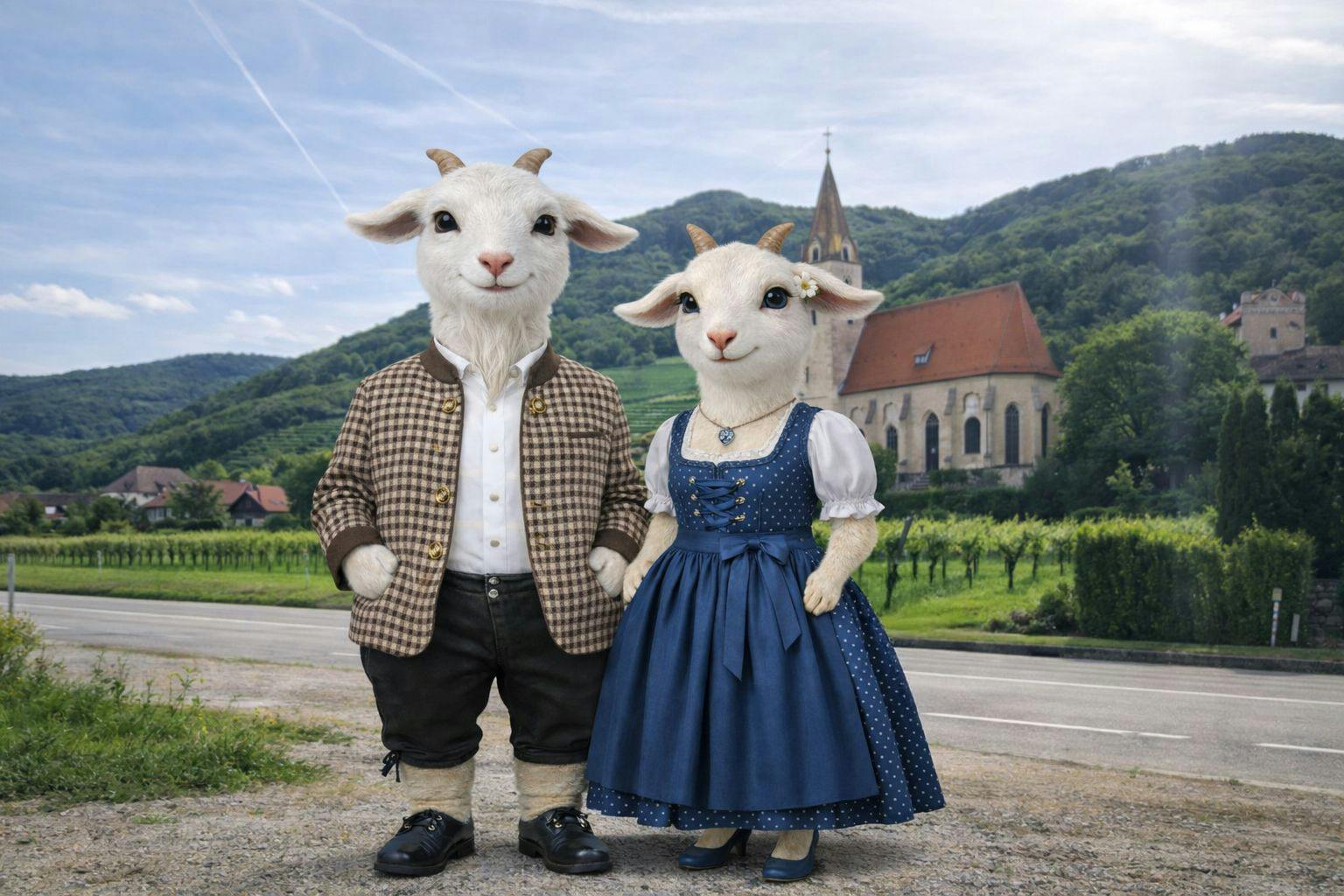 Mit KI-unterstützung generiertes Bild zweier Ziegen in Wachauer Tracht. Im Hintergrund ist die Kirche von Schwallenbach zu sehen.