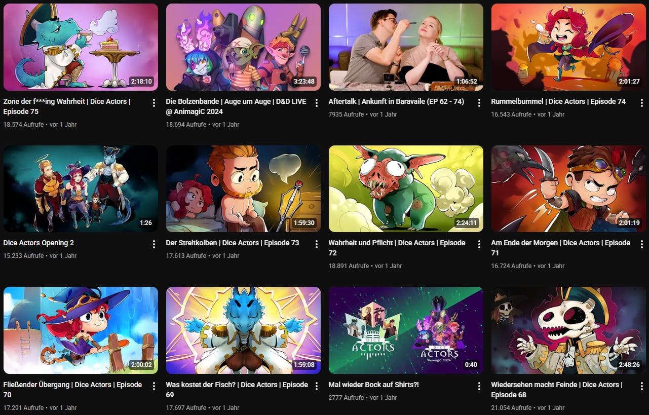 Screenshot der Dice Actors YouTube-Kanalseite mit zwölf Video-Thumbnails. Die Thumbnails zeigen animierte Illustrationen von den Hütern der Obelisken, der Bolzenbande und dem Opening. Außerdem sieht man auf einem Bild Patze, der Rieke anpinselt, von einem Aftertalk-Video.