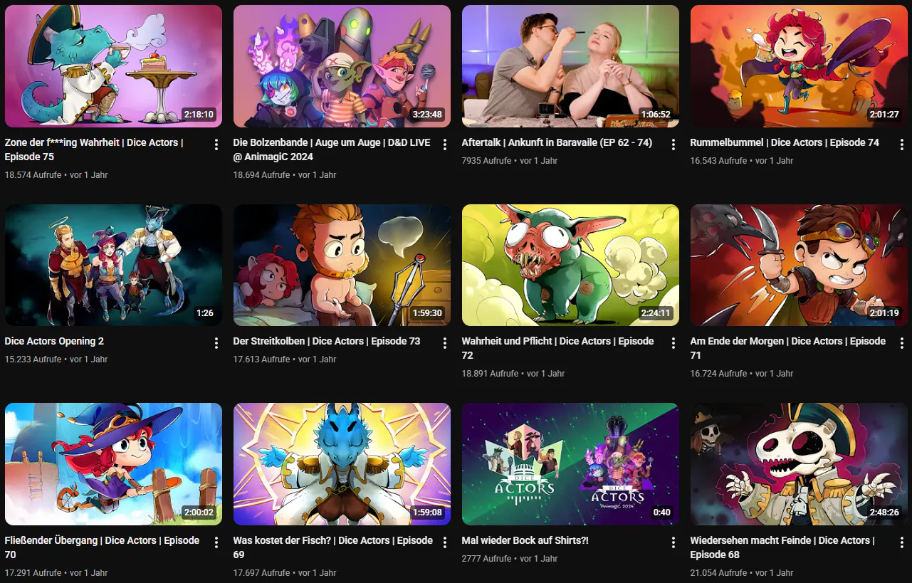 Screenshot der Dice Actors YouTube-Kanalseite mit zwölf Video-Thumbnails. Die Thumbnails zeigen animierte Illustrationen von den Hütern der Obelisken, der Bolzenbande und dem Opening. Außerdem sieht man auf einem Bild Patze, der Rieke anpinselt, von einem Aftertalk-Video.