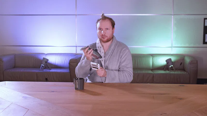 Eine Gif-Datei. Kelly sitzt im Bademantel mit einem Gameboy in der Hand und einer Tasse Kaffee vor sich auf dem Tisch da und wird von den Seiten mit Fischen beworfen. Er geht in Deckung.
