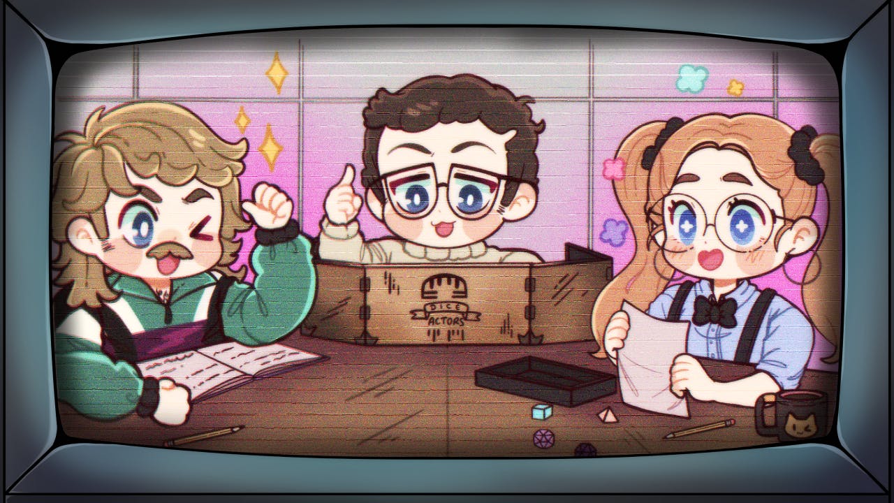Illustration im Retro-TV-Rahmen: Drei Chibi-Figuren sitzen an einem Tisch. Links Hessenkelly mit blondem Haar, Schnurrbart und grüner Jacke, der lachend eine Faust ballt. In der Mitte Tim hinter einem Würfelturm mit dem Dice-Actors-Logo, der mit erhobenem Finger auf seine Notizen guckt. Rechts Nerd-Rieke mit langen blonden Zöpfen, Brille, Hosenträgern und Fliege, die ein Blatt Papier hält. Auf dem Tisch liegen Notizhefte, Würfel und Stifte.
