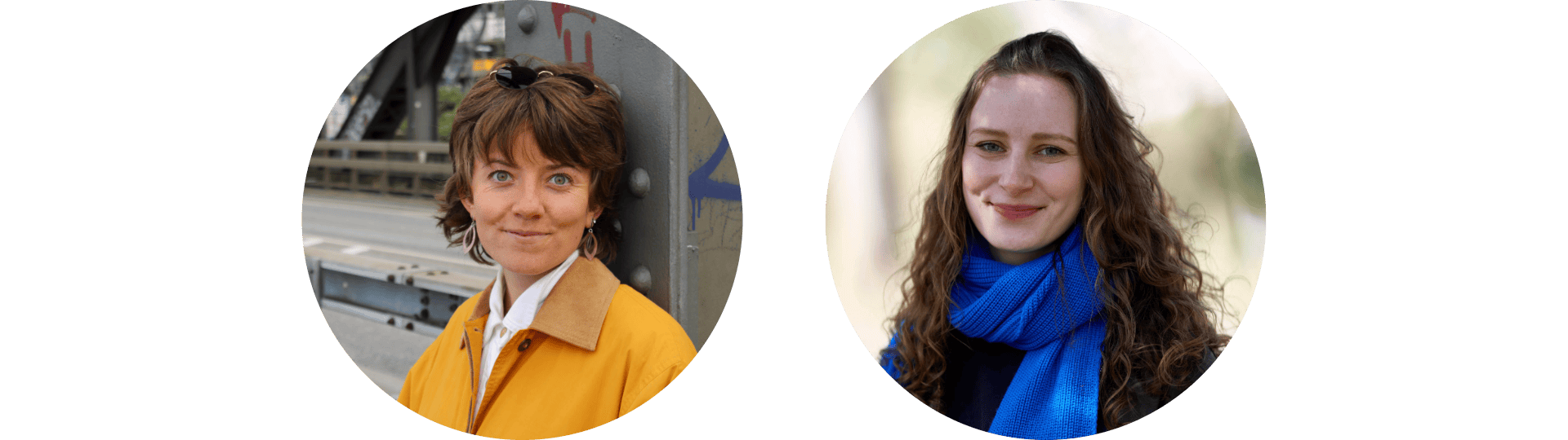 Zwei Porträt-Fotos zeigen Jana Rogmann und Leoni Bender. Jana hat kurze braune Haare und trägt eine gelbe Jacke. Leoni hat braune Locken und trägt einen blauen Schal.
