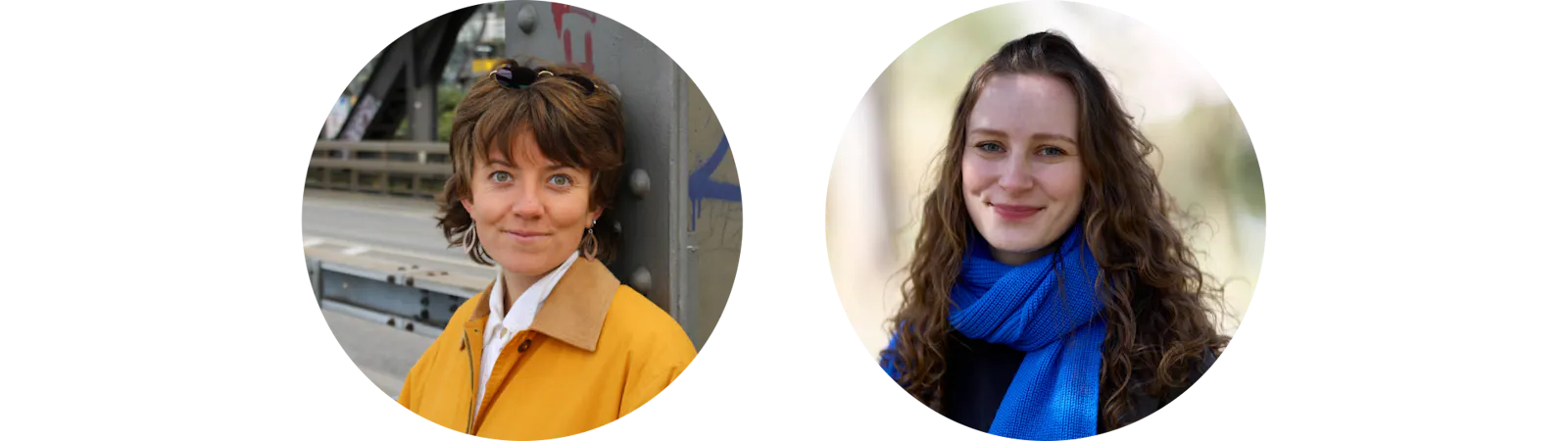 Zwei Porträt-Fotos zeigen Jana Rogmann und Leoni Bender. Jana hat kurze braune Haare und trägt eine gelbe Jacke. Leoni hat braune Locken und trägt einen blauen Schal.