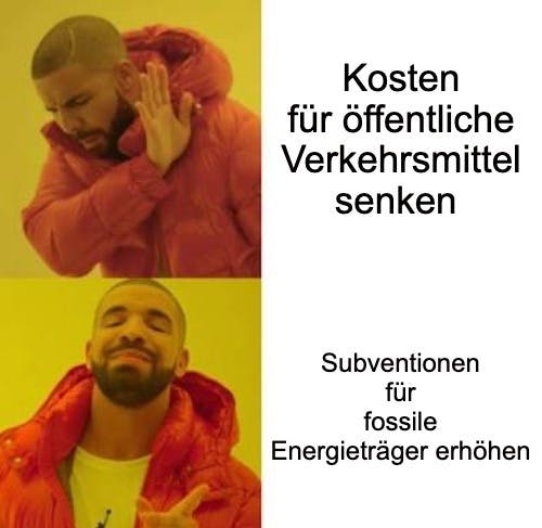 Auf dem Bild sieht man ein Meme des Rappers Drake, der "Kosten für öffentliche Verkehrsmittel senken" ablehnt und stattdessen angetan ist von "Subventionen für fossile Energieträger erhöhen".