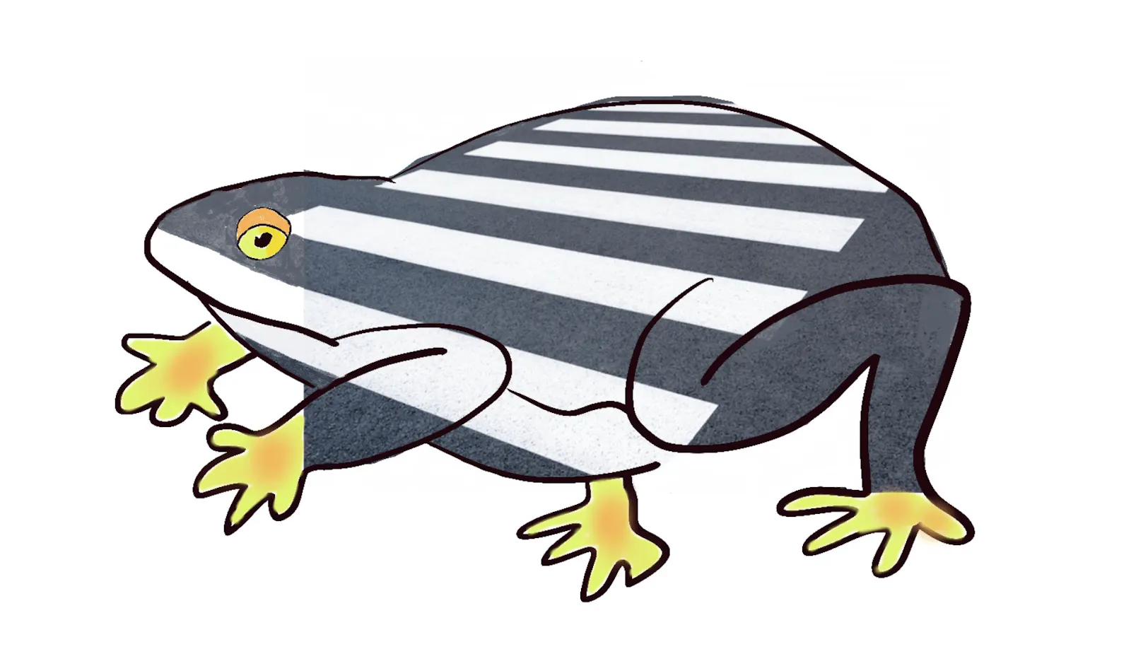 eine gezeichnete Kröte mit einem Zebrastreifen-Muster auf dem Rücken.