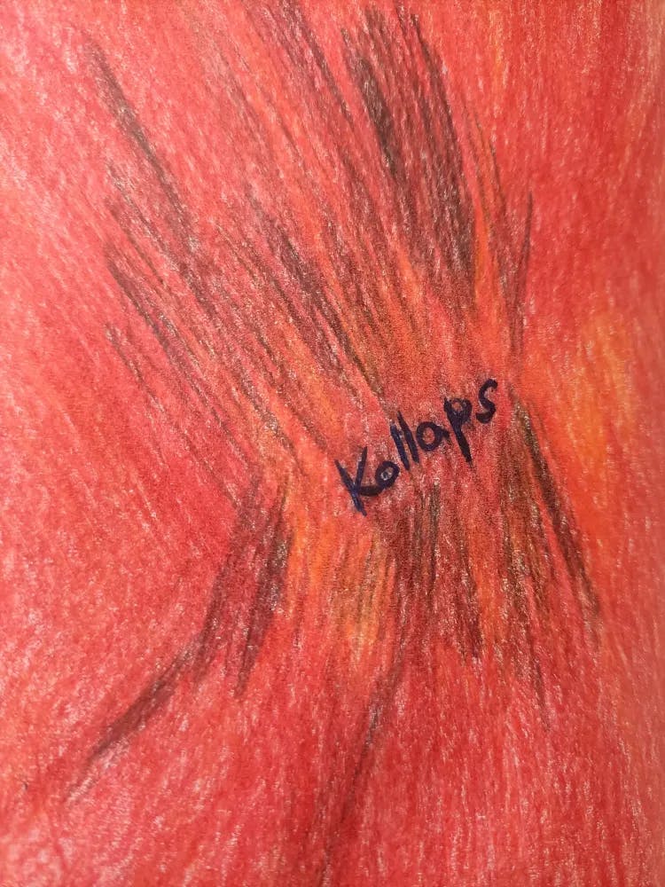 rot, orange, noch mehr rot, utnerschiedliche Schattierungen von rot, in der Mitte des Wort "Kollaps"