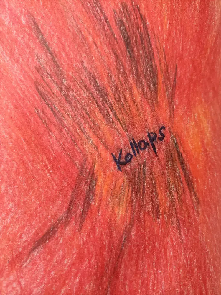 rot, orange, noch mehr rot, utnerschiedliche Schattierungen von rot, in der Mitte des Wort "Kollaps"