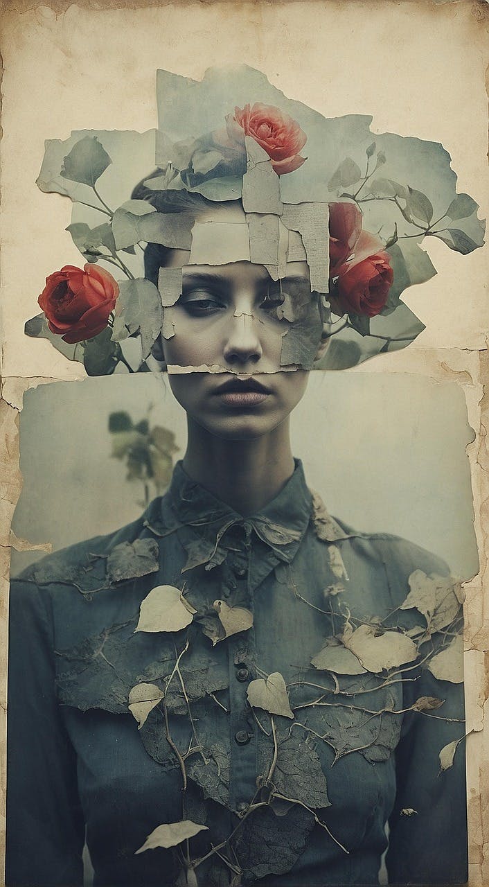 Eine künstlerische Collage: Eine weiblich gelsene Person verwaschen und aus Bildern zusammengesetzt, umrankt mit Rosenranken, um den Kopf herum Rosenblüten.