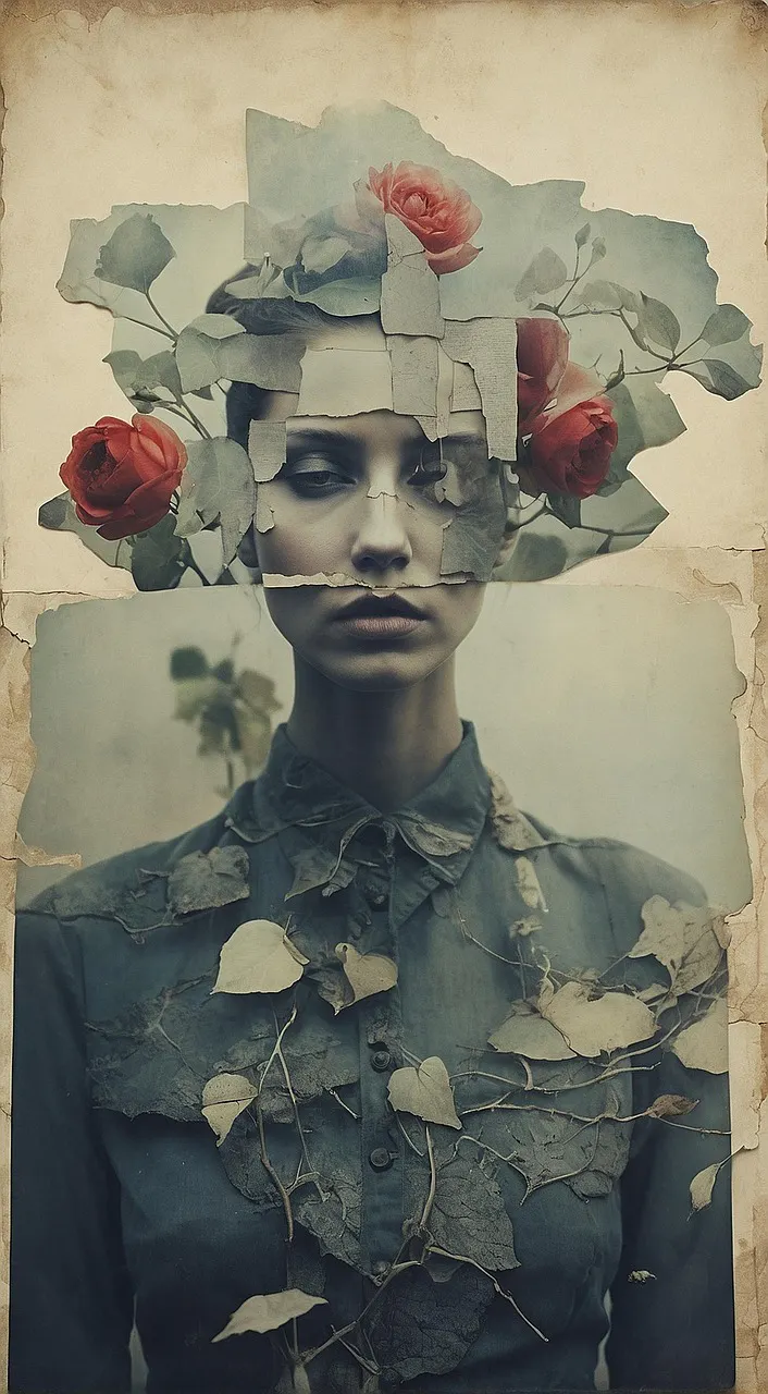 Eine künstlerische Collage: Eine weiblich gelsene Person verwaschen und aus Bildern zusammengesetzt, umrankt mit Rosenranken, um den Kopf herum Rosenblüten.