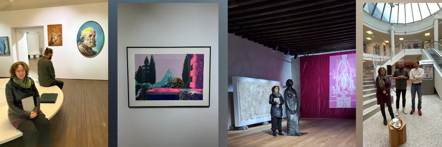 Das Bild zeigt eine Collage aus Werken aus der Ausstellung "blicke nach innen" sowie Eindrücke aus der gemeinsamen Abschluß-Lesung.