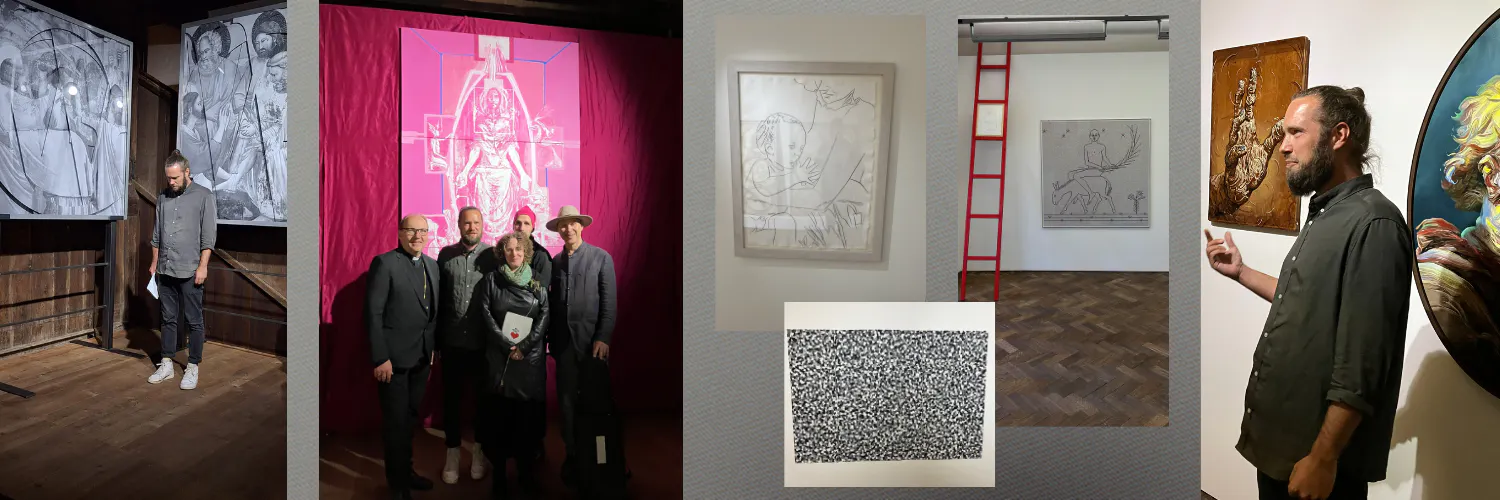 Auf dem Bild sieht man eine Collage aus Eindrücken aus der Austellung "blicke nach innen" und zwei Fotos von Marco Michalzik wie er Texte vor Bildern der Ausstellung vorträgt.