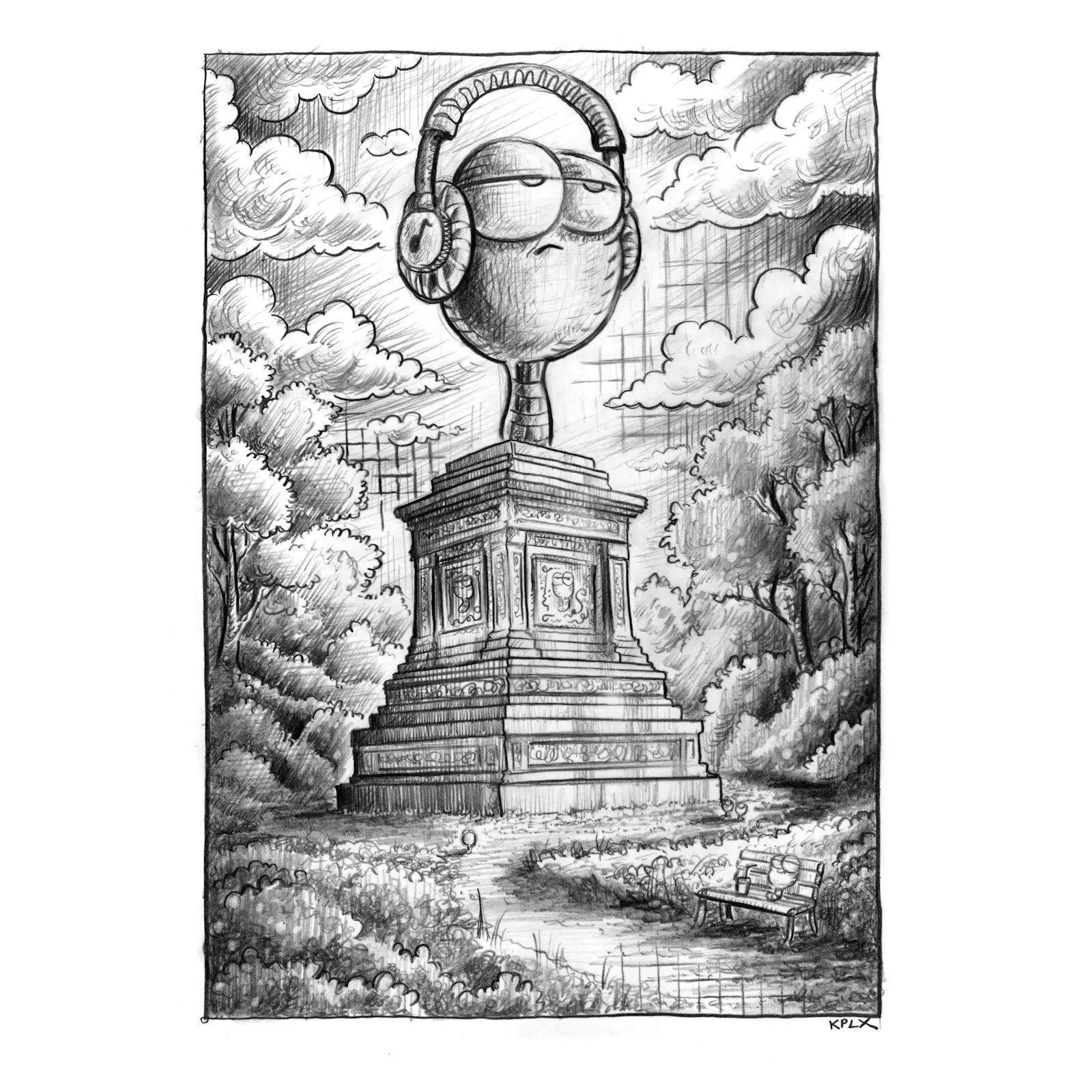 Eine Bleistiftzeichnung im Comic-Stil auf A4 zeigt eine monumentale Statue auf einem hohen, reich verzierten Sockel in einem Park. Die Statue stellt einen riesigen Wurm dar, der ernst und grimmig blickt und große Kopfhörer trägt. Im Vordergrund führt ein geschwungener Weg durch Wiesen und Büsche, rechts steht eine Parkbank, auf der ein kleiner Wurm sitzt.