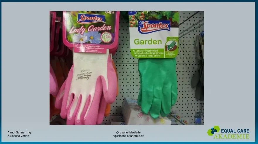 Garten-Gummihandschuhe: links in pink mit Etikett "Lady Garden", rechts in Grün, Etikett "Garden"