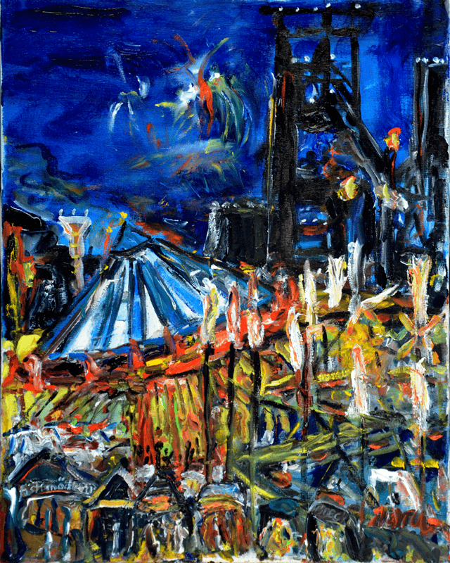 Öl-Gemälde mit einer Kirmes-Darstellung vor einem Hochofen mit Kettenkarussell und Feuerwerk. Es vermittelt ein buntes Treiben vor einem dunklen Himmel.