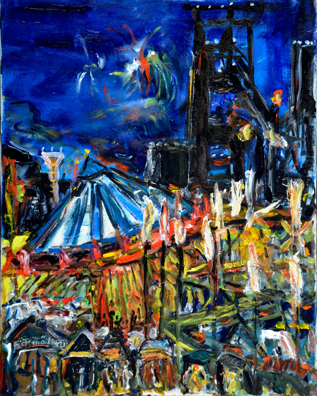 Öl-Gemälde mit einer Kirmes-Darstellung vor einem Hochofen mit Kettenkarussell und Feuerwerk. Es vermittelt ein buntes Treiben vor einem dunklen Himmel.