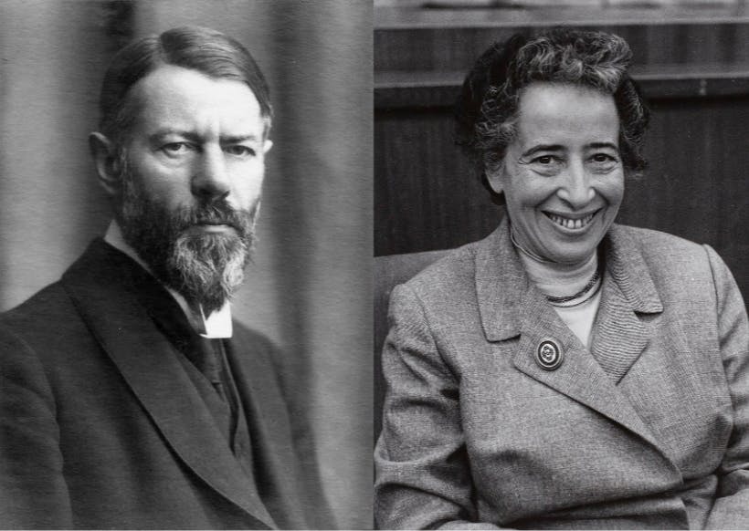 Zwei Portrait-Bilder von Max Weber und Hannah Arendt