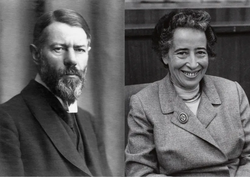 Zwei Portrait-Bilder von Max Weber und Hannah Arendt