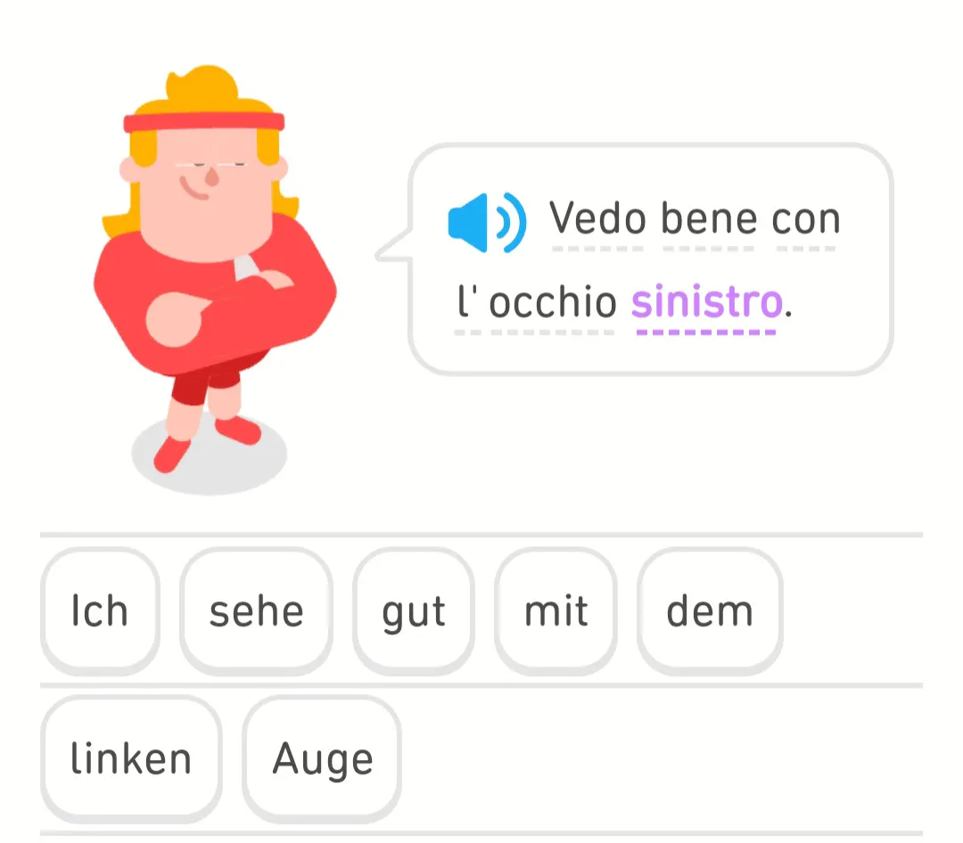 Text in der Sprachlern-App: Ich sehe gut mit dem linken Auge.