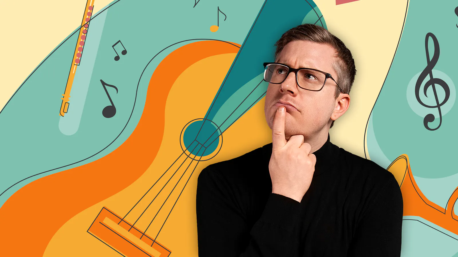 Tim schaut unsicher. Hinter ihm sind Illustrationen von Musikinstrumenten zu erkennen.