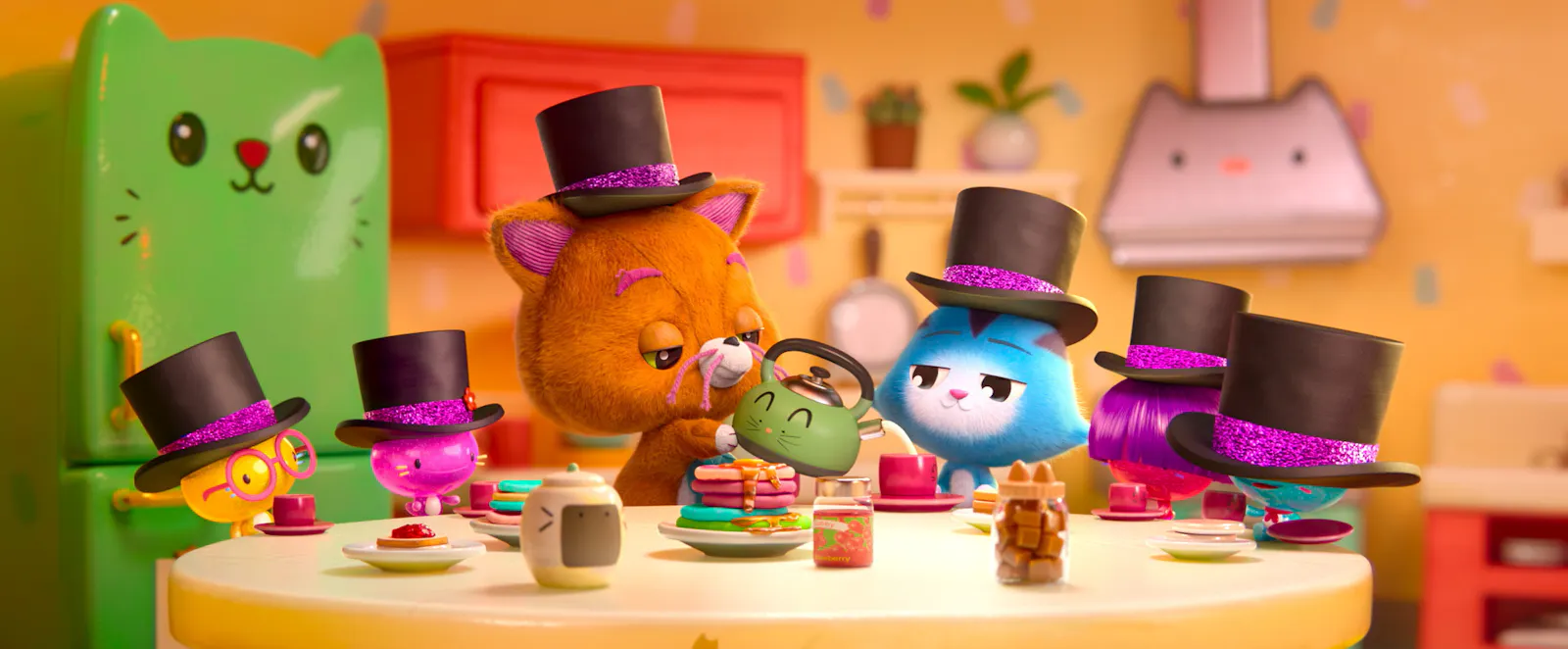 Power-Psycho während der Tea-Time unter ihnen: Refrigerator (Fortune Feimster), Hopper Topper (Shiloh Rothman), Molly Topper (Juliet Peldon), Leopold (Jason Mantzoukas), CatRat (Donovan Patton), Chopper Topper (Ayden Elijah) und Bopper Topper (Luna Rothman) // © Dreamworks Animations LLC / Universal Pictures
