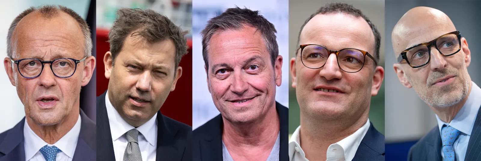 Porträts von Friedrich Merz, Lars Klingbeil, Dieter Nuhr, Jens Spahn und Peter Leibinger (BDI-Präsident)