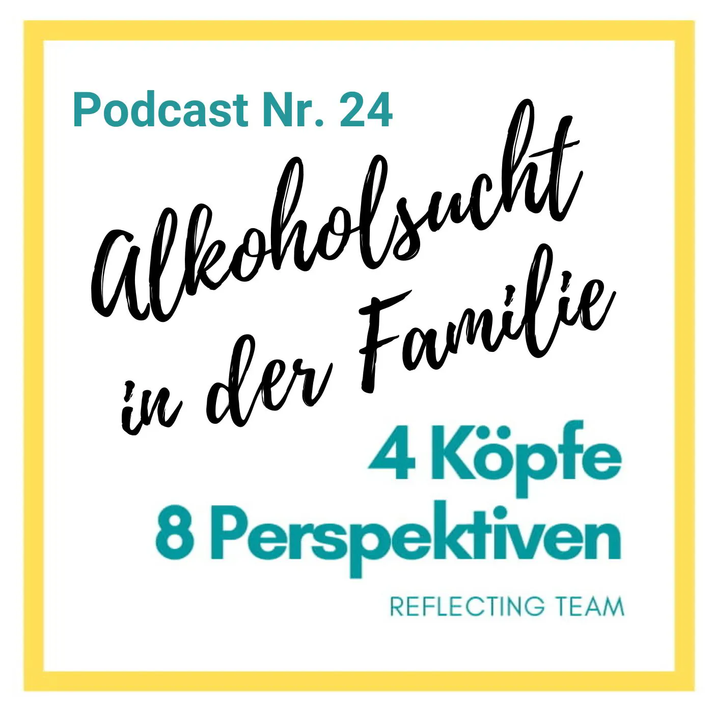 Logo mit den Informationen: 
4 Köpfe, 8 Perspektiven. Reflecting Team
Podcast Nr. 24
Thema: Alkoholsucht in der Familie